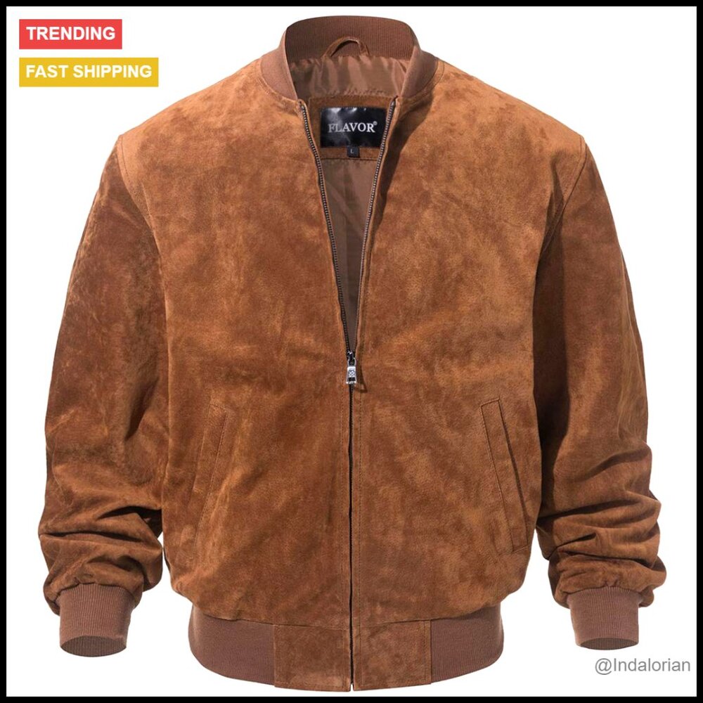 Men's Genuine Leather Baseball Jacket Vintage Suede Pigskin Regular Fit